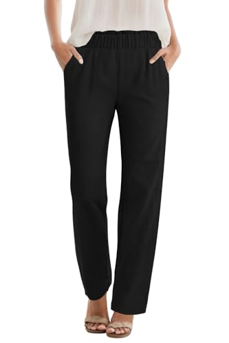 SEMARO Womens Casual High Waisted Linen Feel Pants Tapered Vacation Lounge Pants Trousers with Pockets