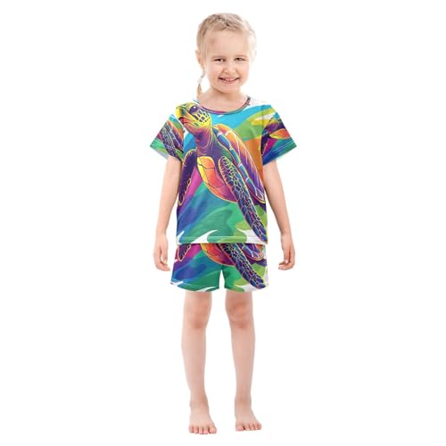 ALAZA Rainbow Sea Turtle Splash Pajamas Set Short Sleeve Cotton Sleepwear Summer Pjs 2 Piece 5-14Y3