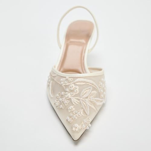 Women's Embroidered Mesh Slingback Shoes Thin Heels Pointed Toe Elastic Heel Strap Party Dress Shoes for Women2