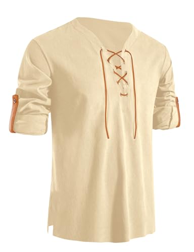 Men's Pure Cotton Shirt Retro Lace Up V-Neck Button Arm Shirts Medieval Viking Pirate Renaissance Costume KHAKI 2XL