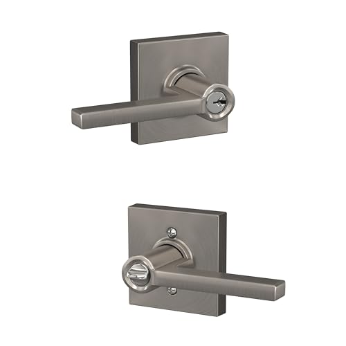 Image of SCHLAGE Latitude Keyed Entry Door Handle, Reversible, Satin Nickel | Keyed entry lever door handle with turn-button lock, Easy to install, Certified security & durability, Universal fit, 2 keys