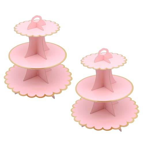 FORYNXHWIN 2 Pack 3-Tier Cardboard Cupcake Stand Cake Stands for Afternoon Tea Round Cupcake & Dessert Display Tower for Birthday Wedding Mothers Day Baby Shower (Rose)