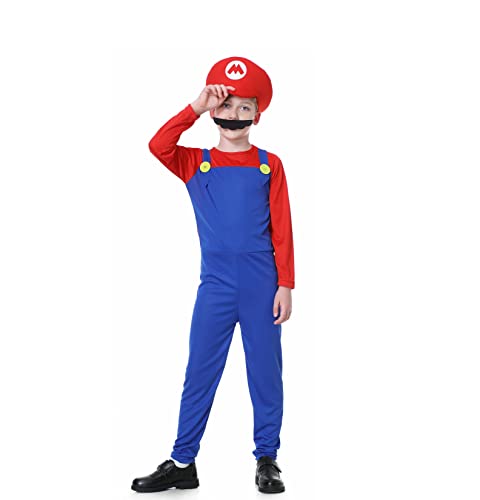 WWQQYY Costume, disponible en adulte, enfant et adolescent, unisexe et en thème de plombier Super Mario et Luigi Bros, pour cosplay, motif de Super Mario, convient aux garçons, rouge, taille S