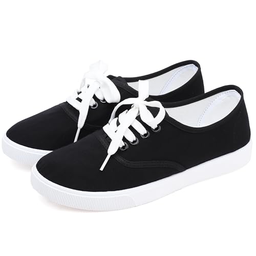 Image of Womens White Canvas Sneakers Lightweight Lace Up Fashion Comfortable Canvas Shoes Low Top Slip On Casual Tennis Walking Shoes Women Footwear