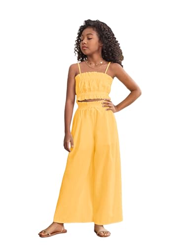 Image of Floerns Girl's 2 Piece Set Ruffle Trim Cami Tops with Paperbag Waist Wide Leg Pants