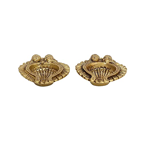 Image of Brass Akhand Diya (9x7x2 cm and 400g) Small Ethnic Design Handmade Curved Oil Wick Antique Kuber Deepak Lamp for Home Decor Temple Puja Office Counter Decoration Festival Gift (Pack of 2)