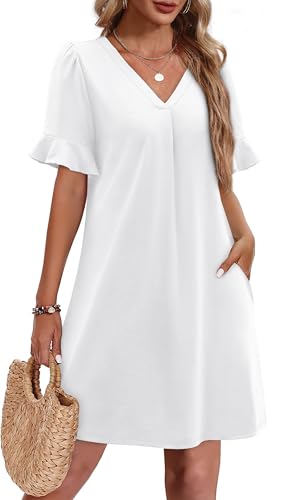Image of OFEEFAN Summer Dresses for Women Ruffle Short Sleeve V Neck Casual Shift Dress with Pockets