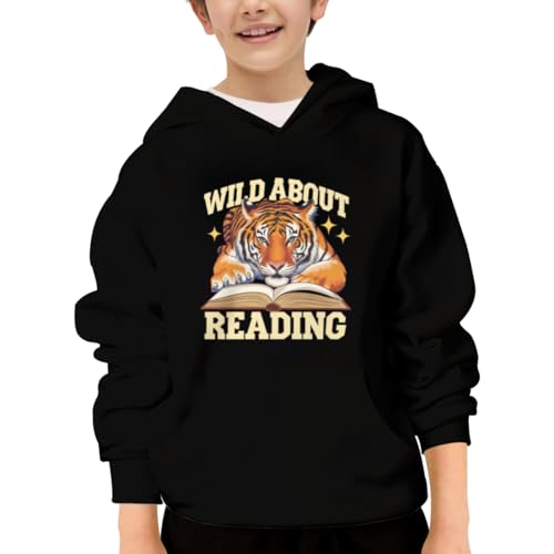 Vintage Wild About Reading Tiger Hoodies for Teen Girls Boys Lightweight Kangaroo Pocket Sweatshirt