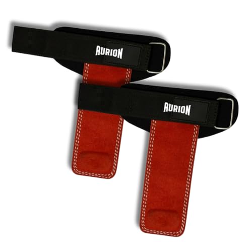 Image of Aurion Premium Suede Leather Lifting Straps | Padded Wrist Support for Weightlifting & Bodybuilding | Non-Slip 19 inch Deadlift Straps for Gym Workout | Adjustable Wraps for Men & Women (Red)