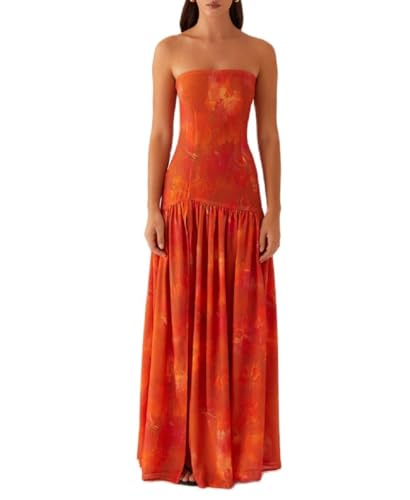 Image of Women Floral Strapless Maxi Dress Y2K Bodycon Tube Long Dresses Sexy Party Formal Cocktail Beach Slit Dress