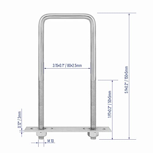 Image of 4 Sets 304 Stainless Steel Square U-Bolts 3.15 inch(80mm) Inner Width, 5.91 inch(150mm) Length Stainless M10 with Nuts, Frame Plate, Accessories for Automobiles Trailer, Boat Trailer Industrial Parts