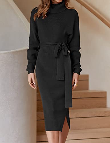 ZESICA Women's Turtleneck Sweater Midi Dress Long Sleeve Ribbed Knit Bodycon Slit Dress with Belt4