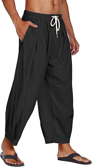 COOFANDY Men's Cotton Linen Harem Pants Drawstring Casual Cropped Trousers Lightweight Loose Beach Yoga Pants with Pockets4