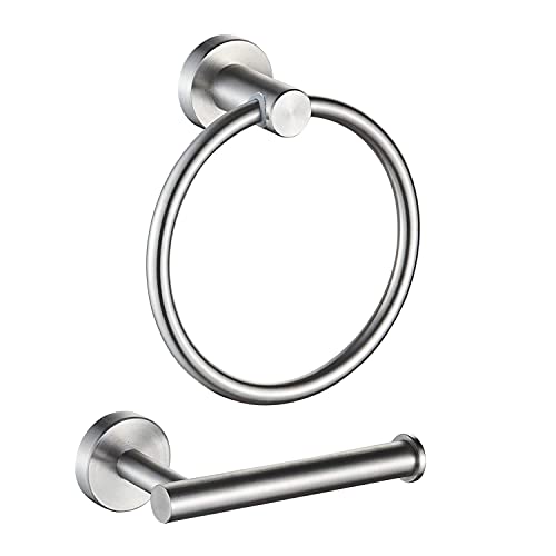 Image of MARMOLUX ACC 2-Pc Bathroom Hardware Set - Hand Towel Holder for Bathroom Wall - Toilet Paper Holder Stand Wall Mount - Towel Holder Hanger Rack Stainless Steel Bathroom Set Towel Ring - Brushed Steel