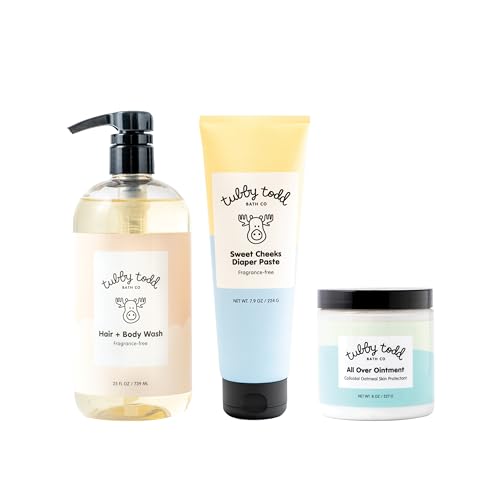 TUBBY TODD Baby Bundle Newborn Skin Care Set - Hypoallergenic Hair + Body Wash, All Over Ointment with Colloidal Oatmeal, Sweet Cheeks Diaper Paste - Fragrance-Free, Full Size