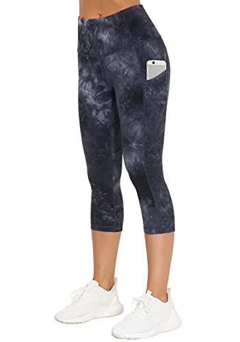 Image of THE GYM PEOPLE Thick High Waist Capris Yoga Pants with Pockets, Tummy Control Workout Running Yoga Leggings for Women