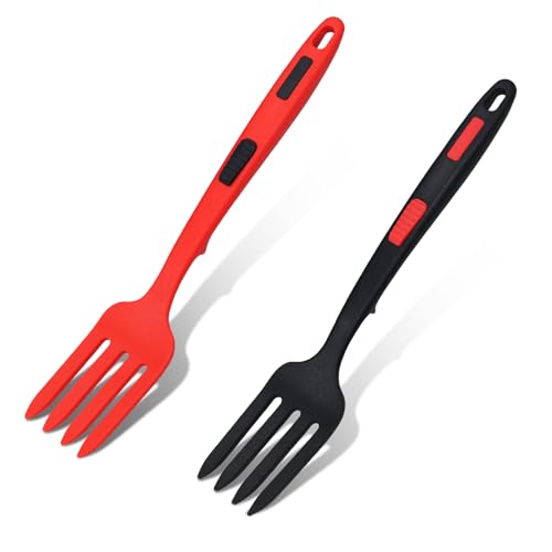 2 Stück Kochgabel Silikon, Multifunktional Kochgabel Spaghettigabel Hitzebeständig Antihaftbeschichtet Mixgabel für Küche Kochen Backen Rühren Mischen Servierutensilien (Rot, Schwarz)