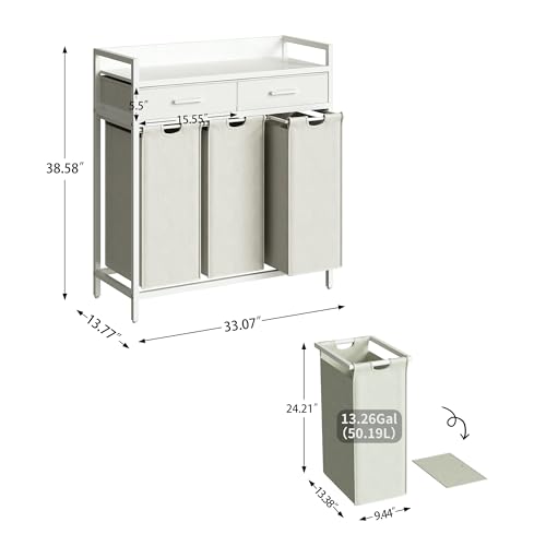 Herture Laundry Sorter 3 Section Laundry Hamper with Shelf, Durable 3 Section Laundry Basket with Rolling Wheels & Storage Drawers, 3 x 13.26 Gallons (50L), White PF09XLW