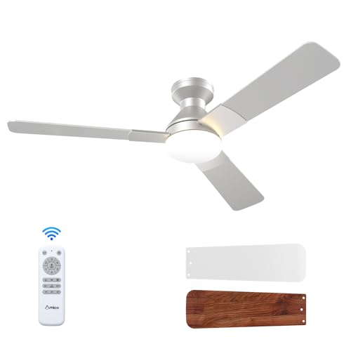 Image of Amico Ceiling Fans with Lights, 52 inch Low Profile Ceiling Fan with Light and Remote Control, Flush Mount, Reversible, 3CCT, Dimmable, Noiseless, Silver Ceiling Fan for Bedroom, Indoor /Outdoor Use