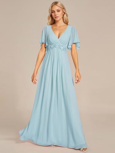 Image of Ever-Pretty Women's Spring Short Sleeve Bridesmaid Dresses V-Neck Chiffon Ruched Empire Waist Appliques Long Formal Dress