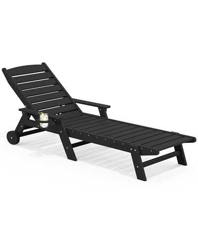 SERWALL Patio Chaise Lounge Chair, 78'' Long HDPE 5 Positions Adjustable Outdoor Lounger, Poly Lounge Chair with Rolling Wheels & Cup Holder for Pool, Obsidian Black