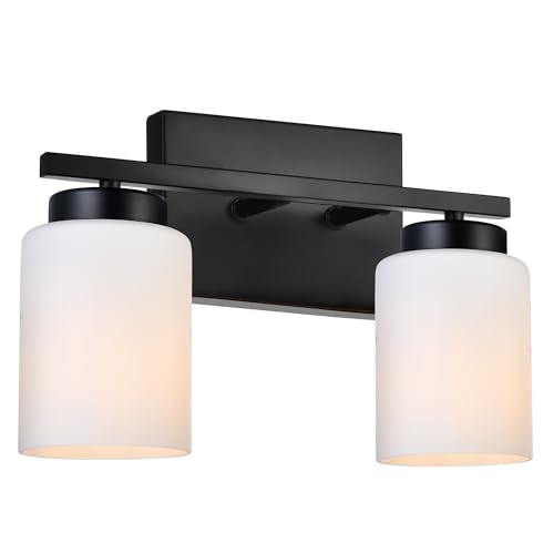 Image of 2 Light Matte Black Bathroom Light Fixtures, Indoor Modern Vanity Light Over Mirror Wall Sconces with Milky White Frosted Glass Shades for Bedroom Hallway Gallery