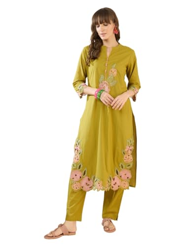 Image of INDO ERA Women's Pure Cotton Floral Embroidered Straight Kurta & Pant Set (IESTR11932)