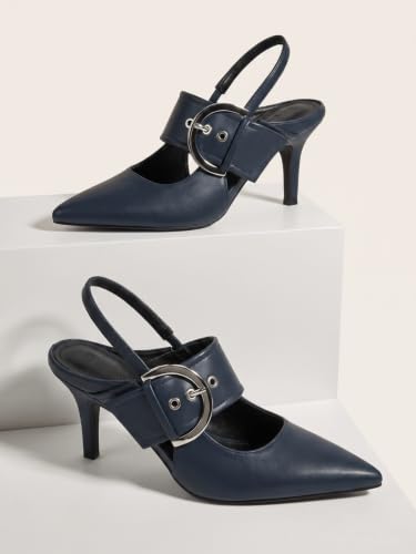Image of Coutgo Womens Slingback Pumps Closed Pointed Toe High Heels Belt Buckle Strap Dressy Work Shoes