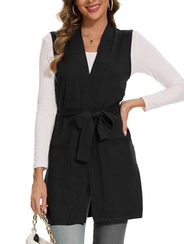Beautiful Nomad Sleeveless Cardigans for Women Long Sweater Vest Jacket Ribbed Outerwear Coat with Belt2