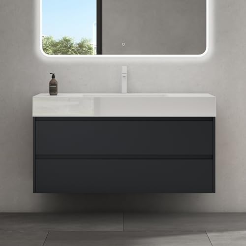 doporro Waschtisch mit Unterschrank 120x48x63cm Badmöbel-Set Matt Anthrazit Badezimmerschrank Mineralguss-Waschbecken Wandmontage