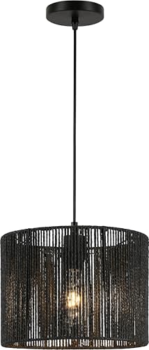 GTV FORESTO lámpara colgante pequeña Ø29 cm – pantalla de fibra natural en negro, diseño trenzado a mano, 1xE27 230 V, IP20, estilo boho-escandinavo para comedor, cocina y salón – lámpara de techo
