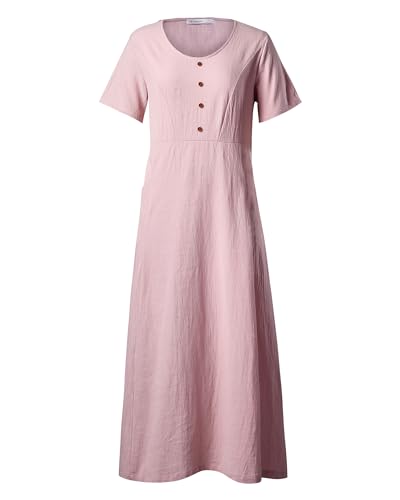 Image of Women's 65% Cotton, 35% Linen Crew Neck Midi Dress, Short Sleeve Dress with Pockets for Summer Daily Wear