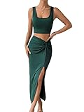 Verdusa Women's 2 Piece Outfit Square Neck Crop Tank Top and Ruched Long Skirt Sets Dark Green L