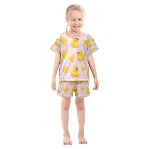 Pajama Sets Short Sleeve Cute Yellow Ducks Hearts Soft Cotton Summer Sleepwear 2 Piece PJS Size 5-14T4