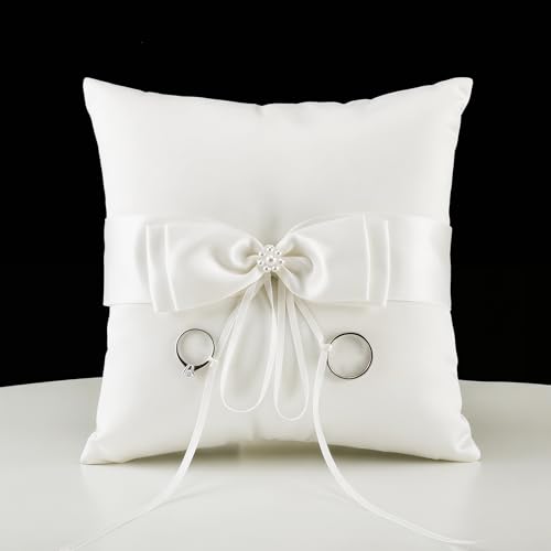 Image of Wedding Ring Bearer Pillow with Satin Bow, Pearl Detail White Ivory | Ivory satin fabric, pearl detail, classic bow, soft cushion, for wedding ceremony ring bearer