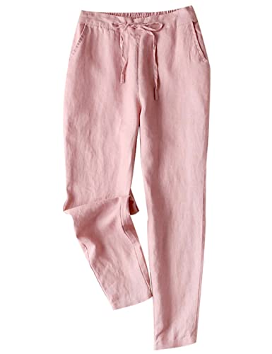 Tanming Linen Pants for Women Summer Casual High Waisted Drawstring White Beach Pant (Pink XL)