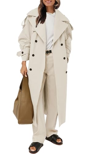 Farktop Womens Oversized Long Trench Coat Double Breasted Lapel Windproof