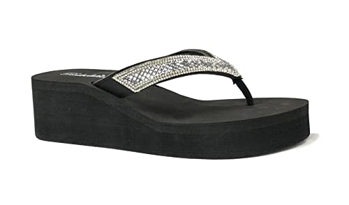 Image of REDVOLUTION New Women's Rhinestone Sandals Platform T-Strap Jewel Sandals High Wedge Flip Flops