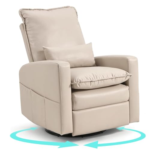 Esright Electric Recliner Chair, Swivel Rocker Chair for Adults, Small Rocking Recliner for Small Spaces, PU Leather Glider Recliner Nursery Chair with Side Pockets for Living Room(Beige White)