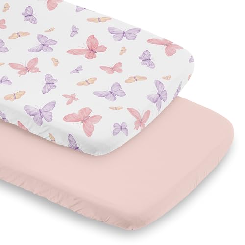 Image of Sweet Jojo Designs 2-Piece Baby Bassinet Sheets Set (Pink/Purple Shabby Chic Butterfly) for Girls, Infant Newborn Nursery, Oval, Rectangle & Hourglass Mattress (Blush, Colorful, Pastel, Watercolor)