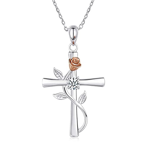 Dishowme Rose croix pendentif collier cristal fleur feuille Crucifix collier religieux chrétien croix bijoux pour femmes filles adolescents (Blanc)
