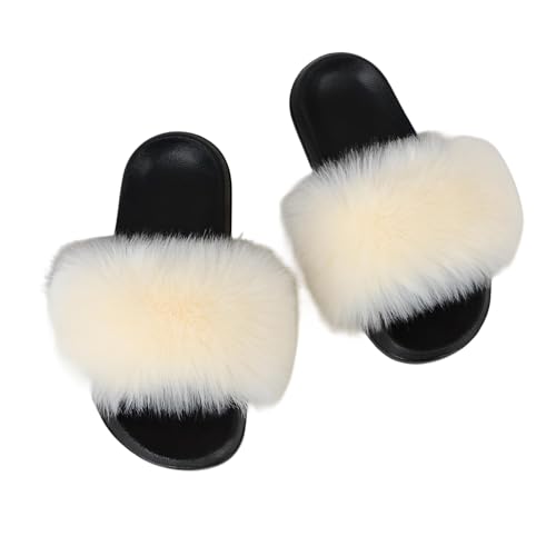 Women's Faux Fur Cute Fluffy Slides Beach Slippers Soft Comfy Lightweight Slip-On Sandals Indoor Outdoor Size 4.5-5.5 Beige