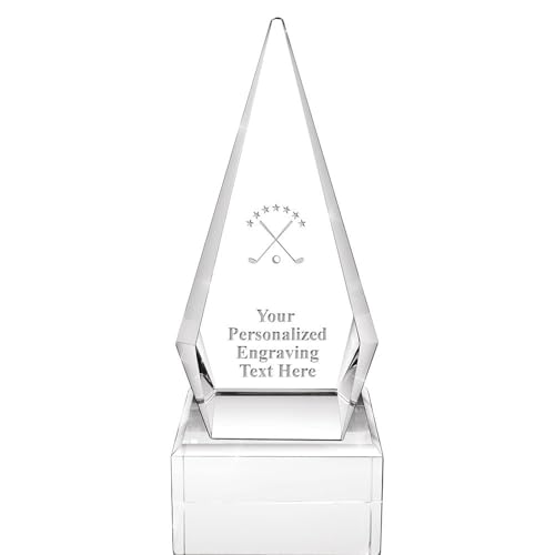 Crown Awards Customizable Crystal Trophy, 9" Engraved Golf Clubs and Ball Zenith Crystal Award
