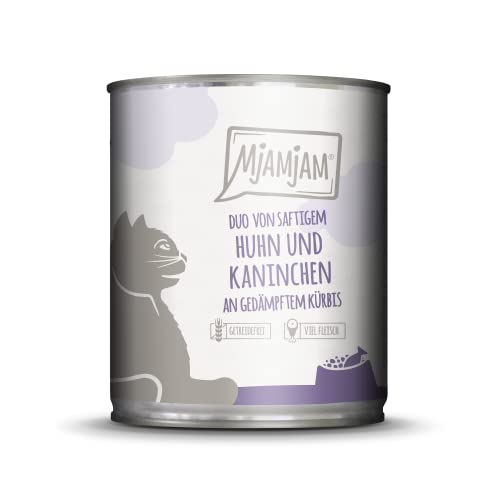MjAMjAM - Premium Nassfutter für Katzen - DUO von saftigem Hühnchen & Kaninchen an gedämpftem Kürbis, 6er Pack (6 x 800 g), getreidefrei mit extra viel Fleisch