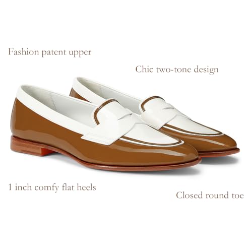 Image of Women Patent Slip On Loafer Flats Two Tone Round Toe Flat Heel Penny Loafers Casual 1 inch Low Heel Loafer Dress Shoes Oxford Comfort Chic Colorblock Office Ladies 4-11 M US