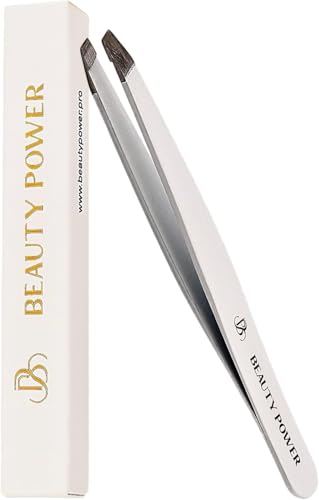 Slant Tip Precision Tweezers – Stainless Steel Eyebrow Tweezers for Women & Men – Precision Tweezers for Facial Hair, Ingrown Hair & Brow Shaping – Professional Beauty Tool (White)