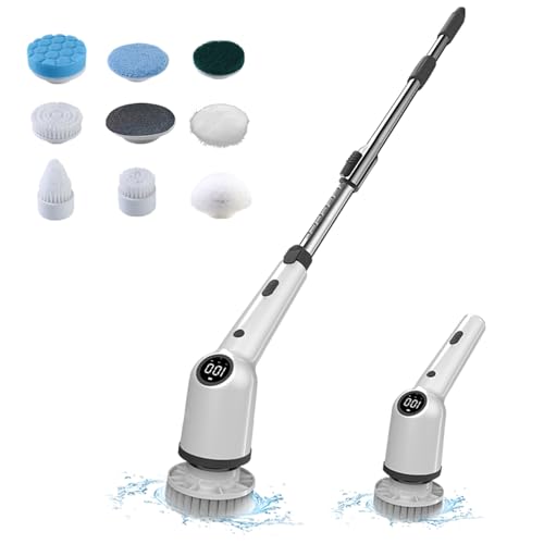 Electric Spin Scrubber, 3 Adjustable Speed Shower Cleaning Brush Led Display Floor Scrubber with 8 Replaceable Brush s for Floor Bathroom Glass Car (Black)