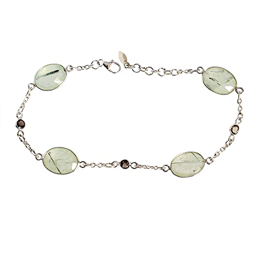 Bracelet en argent rhodié avec cabochons précieux préhnite et quartz fumé