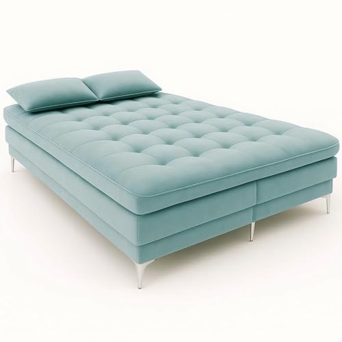 Image of FURNY Eagel 3 Seater Fabric Sofa Cum Bed with 2 Cushions (Sky Blue) with Velvet Fabric | Durable with Comfort | Perfect for Living Room, Bedrooms, Offices