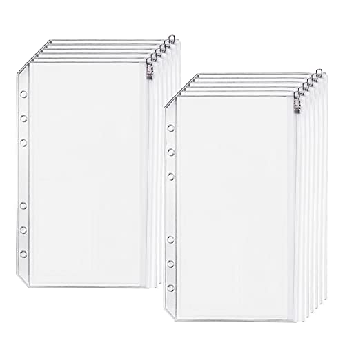 Chris.W 12pcs A6 Binder Pockets Budget Cash Envelopes Clear Binder Pouches with Metal Zipper for 6-Ring Notebook Binder 6 Holes Binder Zipper Folders - Quality Upgraded (Transparent)